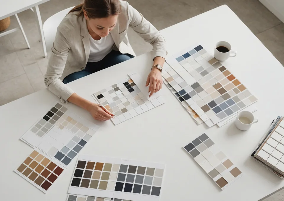 Interior designer reviewing material samples at a studio desk