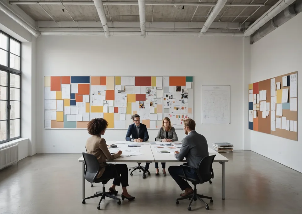 Architecture studio team reviewing printed material boards at a meeting table