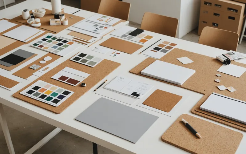Designer workspace with a client brief, material samples, and a material board being assembled