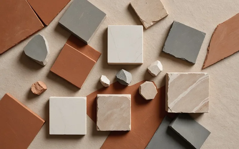 Material palette board showing stone, timber, textile, and metal samples in coordinated relationships