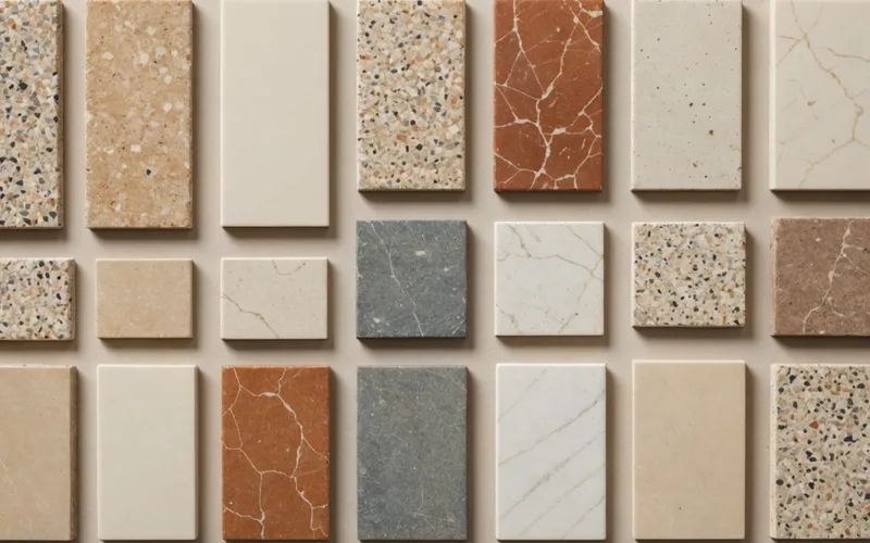 Material sample boards with substitute options arranged for comparison during a redesign session
