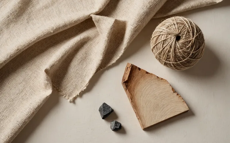 Reclaimed timber, stone, and bio-based textile samples arranged as a sustainable materials palette