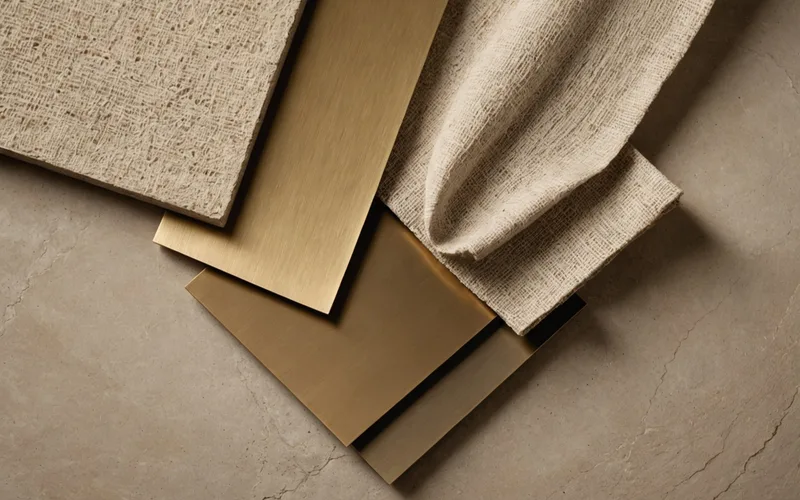 Living room detail with layered textures, linen upholstery, brushed stone, and natural timber